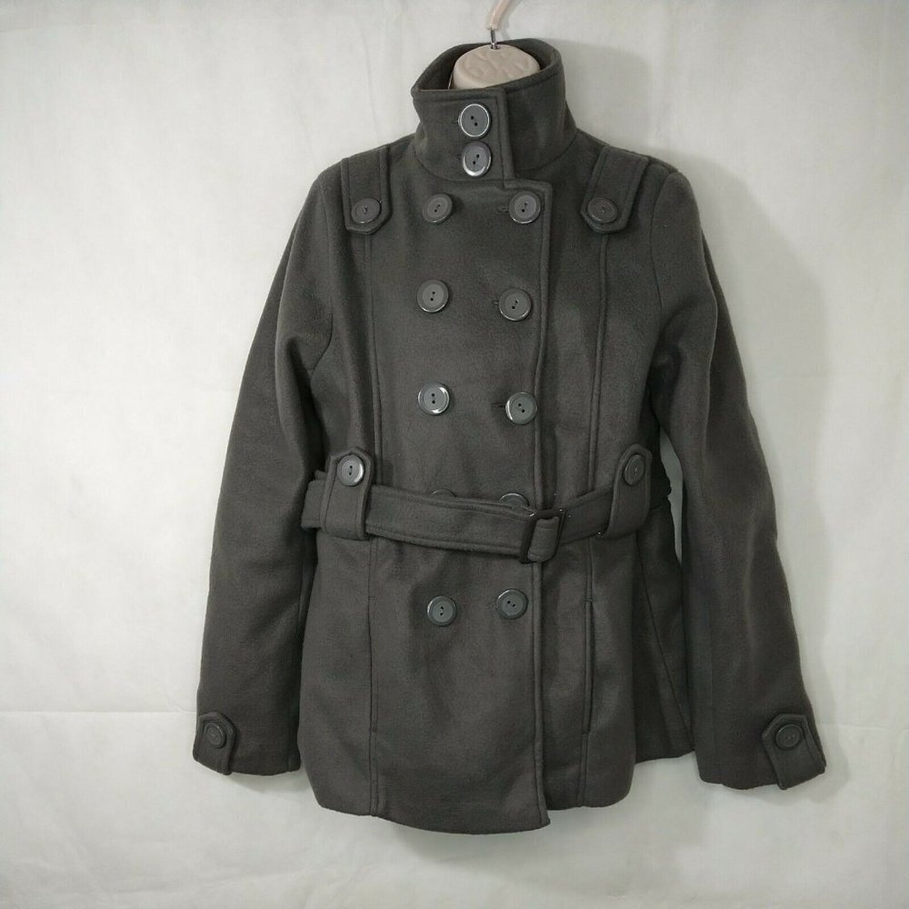 Brave Soul Double Breasted Pea Coat Jacket Women Size XL Grey Belted Pockets - Picture 4 of 8